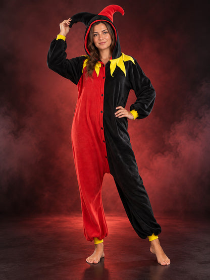 Red and black jester costume with yellow collar