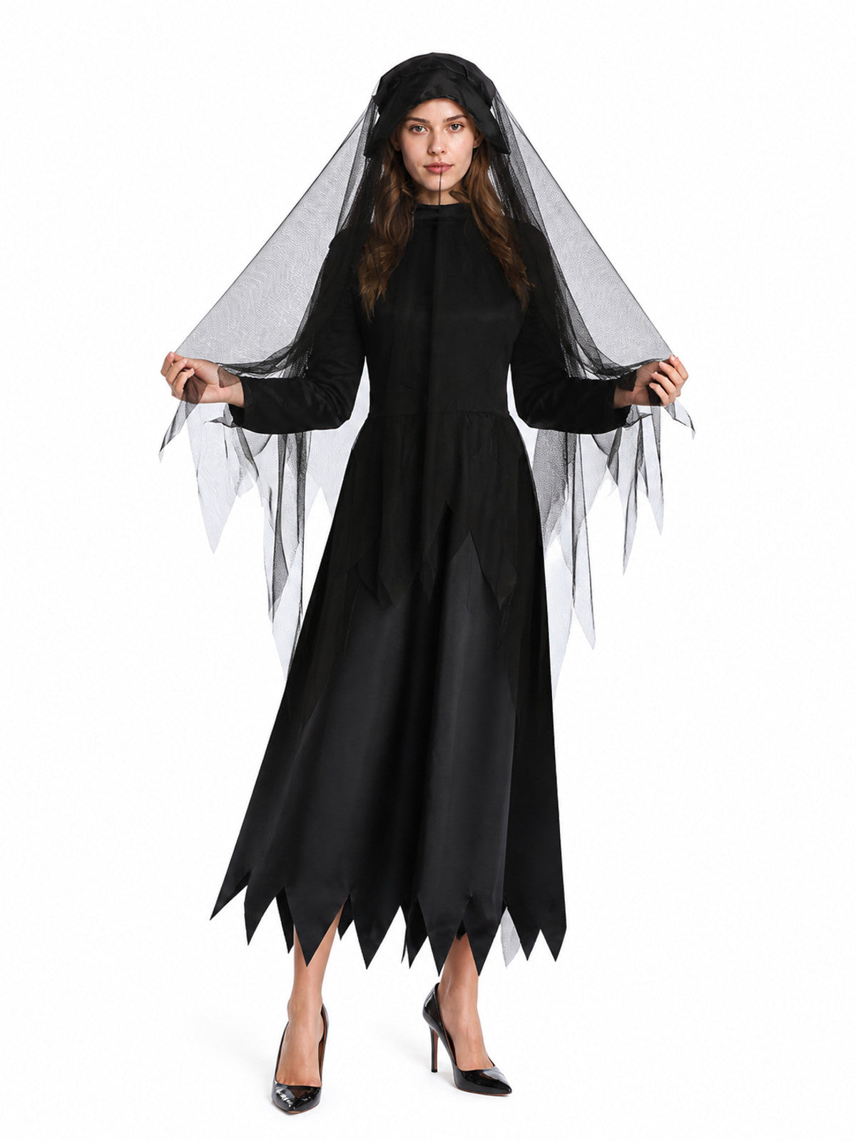 Black Long Hooded Cape with Torn Hem