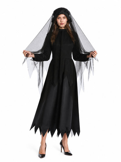 Black Long Hooded Cape with Torn Hem