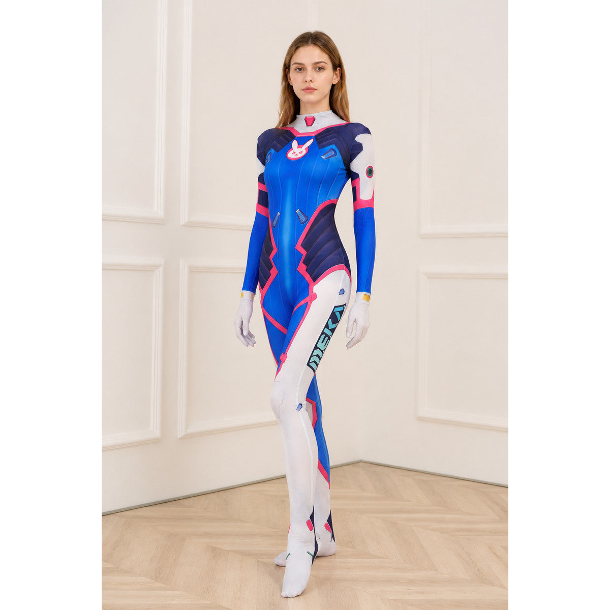 Fitted blue, white, and pink printed cosplay jumpsuit Costumes detail