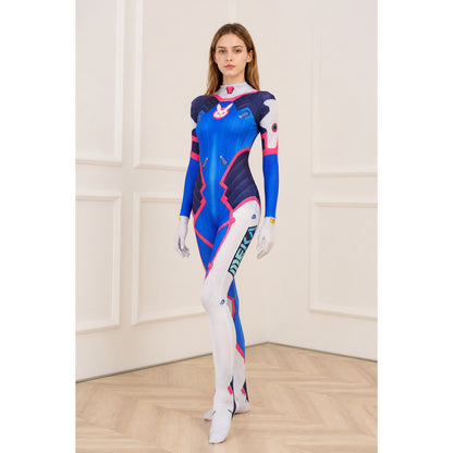 Fitted blue, white, and pink printed cosplay jumpsuit Costumes detail