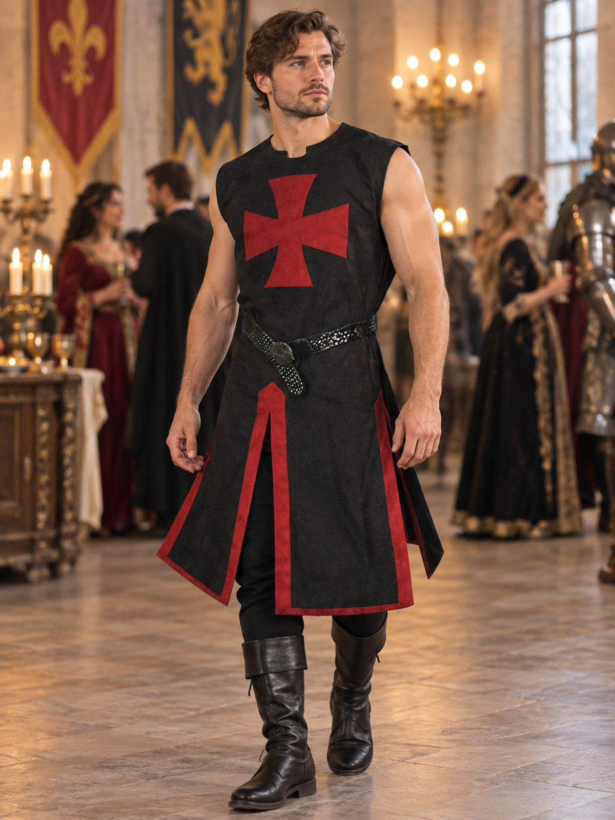 Medieval Cosplay Tunic Black with Red Cross