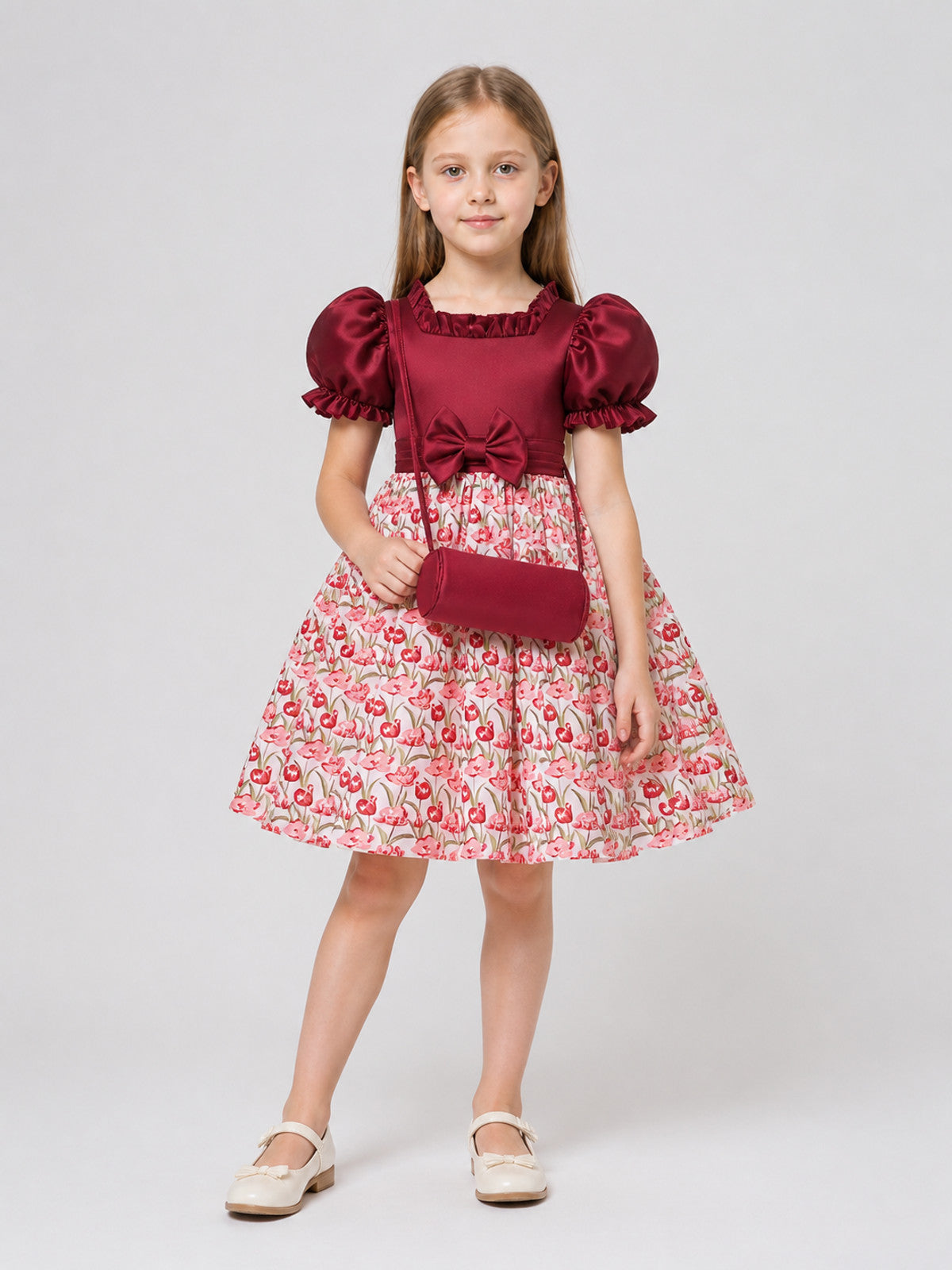 Burgundy Princess Dress with Floral Print and Bow Costume Dresses detail