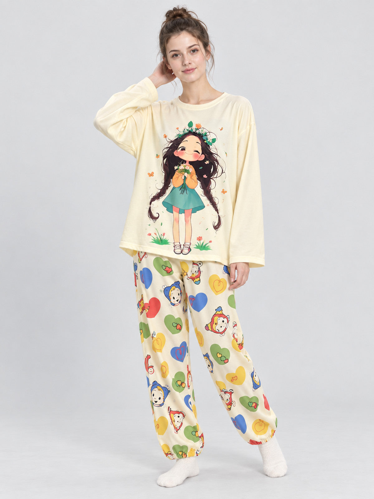 Pajama Set with Cartoon Print and Hearts