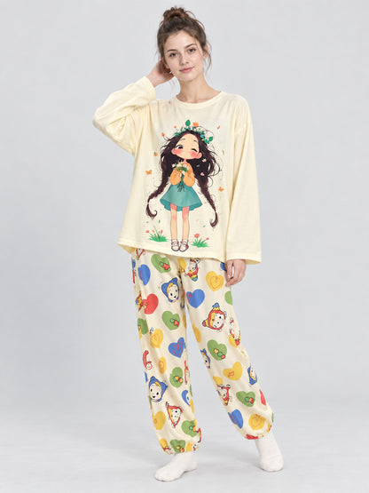 Pajama Set with Cartoon Print and Hearts