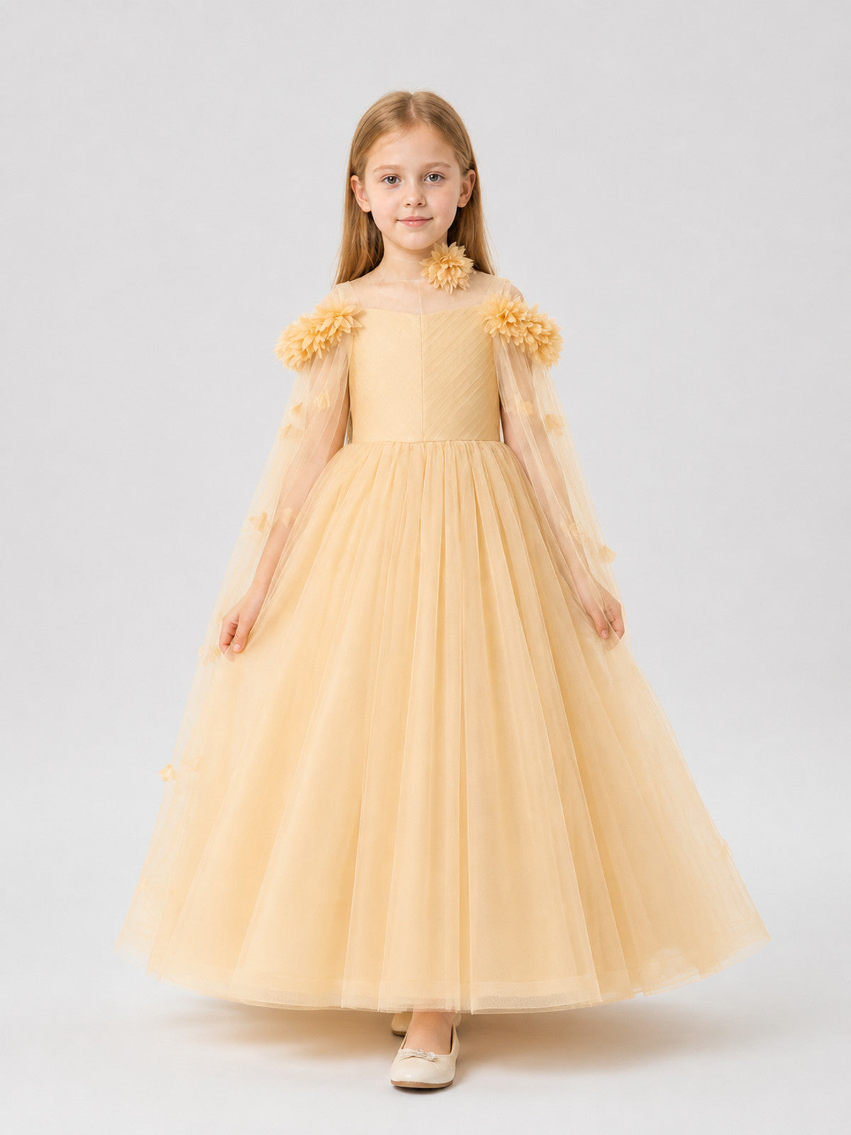 Long Princess Dress with Floral Details, Champagne Costume Dresses detail