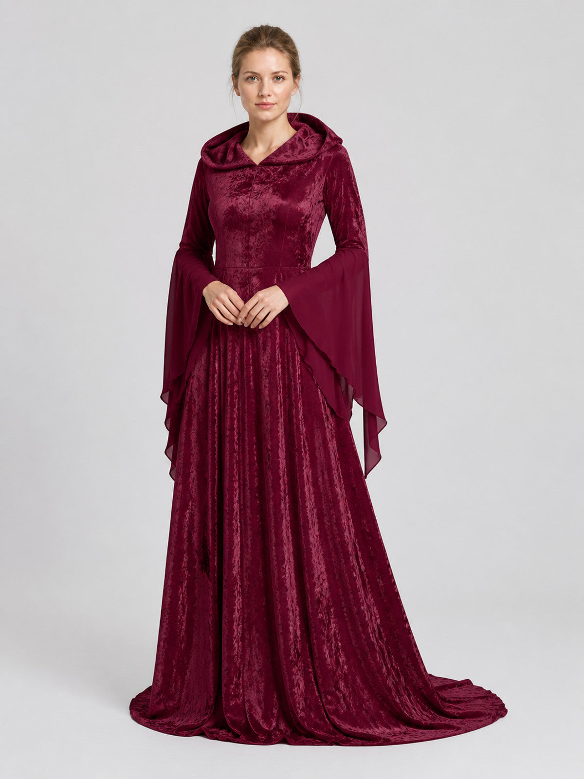 Wine-Colored Hooded Gothic Dress with Train Costume Dresses detail