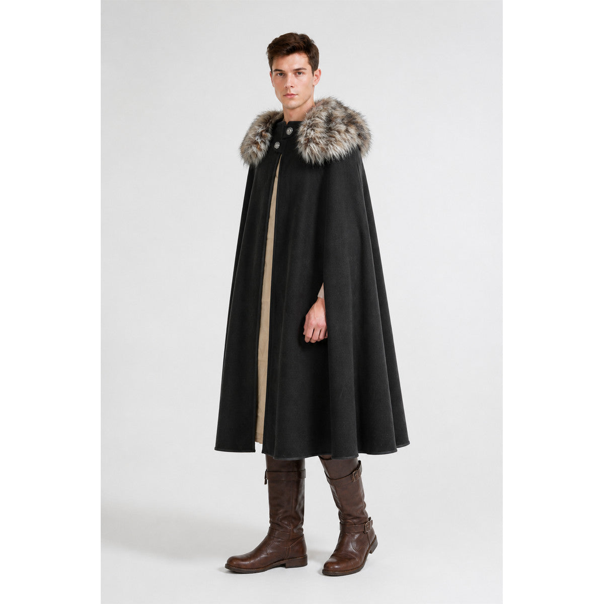 Long Black Button-Front Cloak with Fur Collar Costume Capes detail