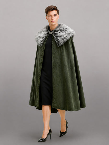 Dark olive cape in velvet-look fabric with a wide gray faux fur collar, shown full-length on a model