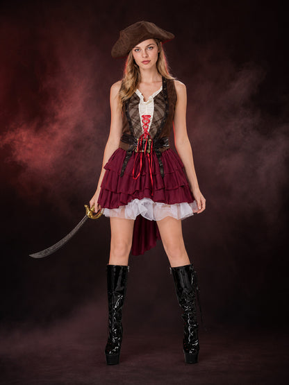 Adult Pirate Costume Set with Hat, Belt, Top and Layered Ruffle Skirt Halloween