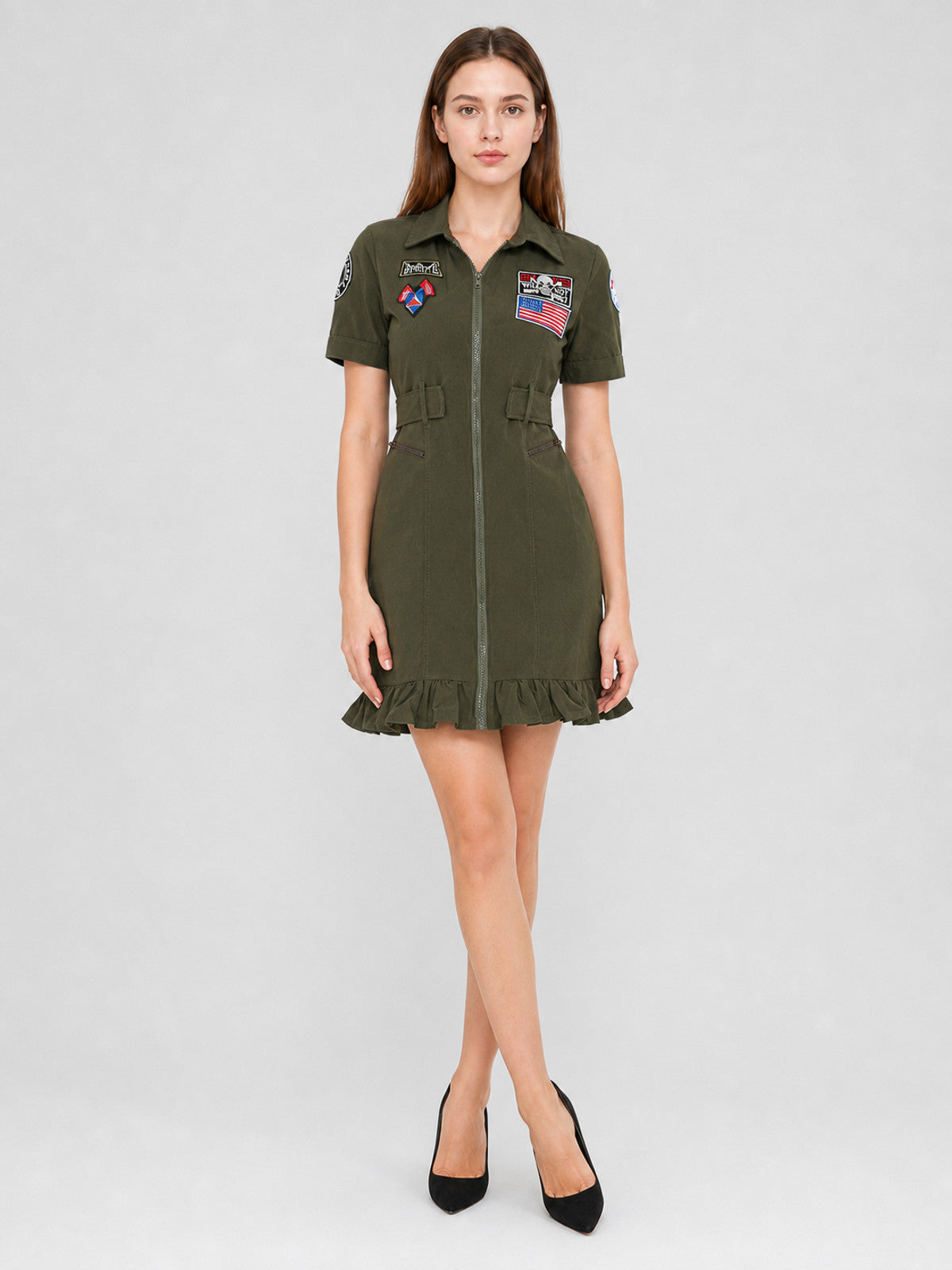 Olive Military-Style Dress with Patches