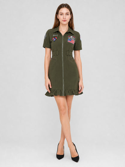 Olive Military-Style Dress with Patches