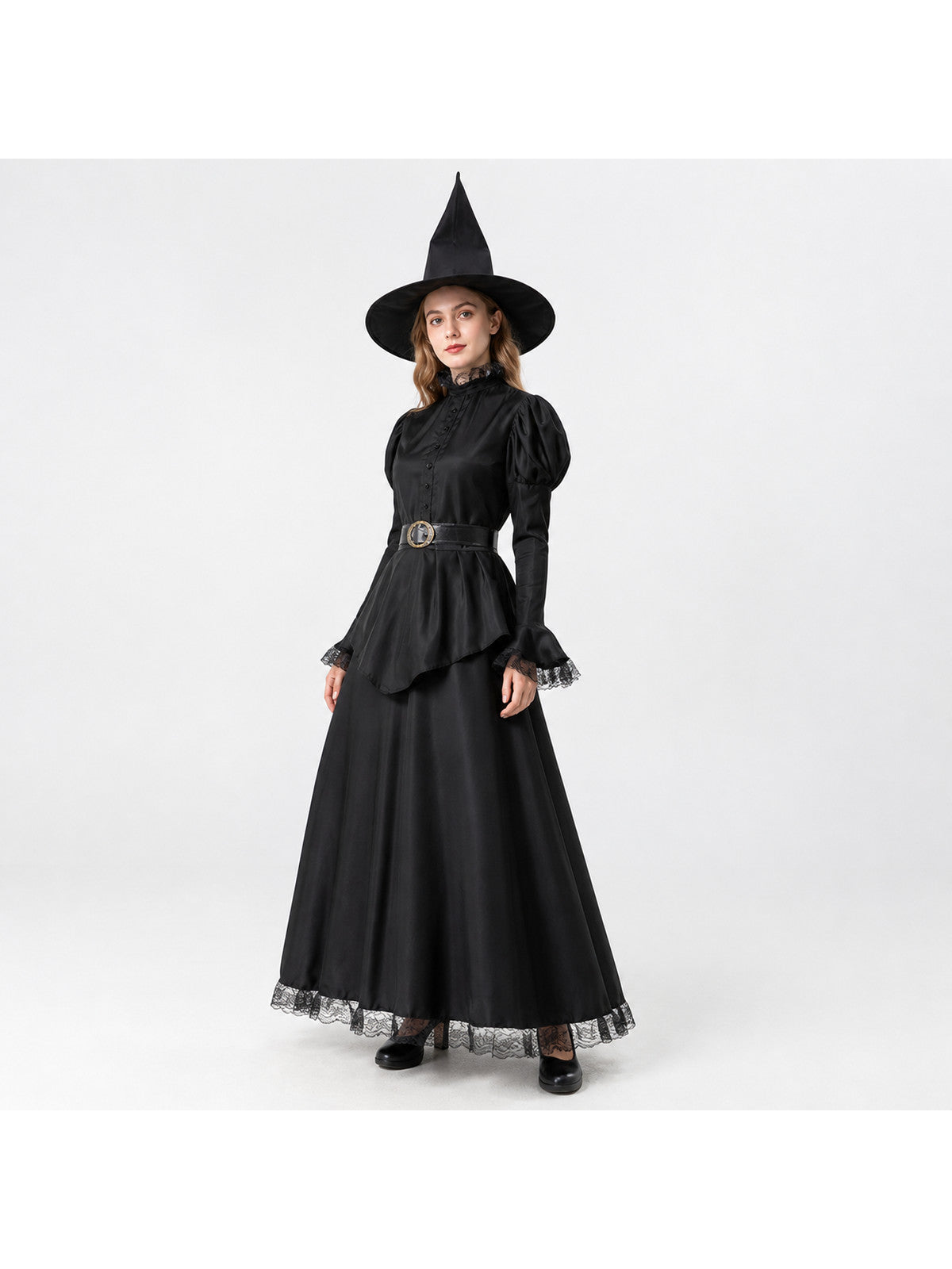 Witch costume with a black lace dress and hat