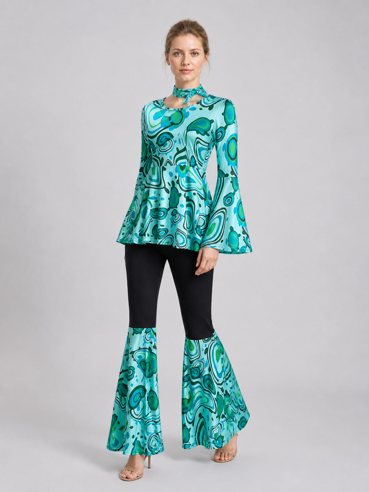 70s Stage Costume with Print: Long-Sleeve Top and Flared Pants