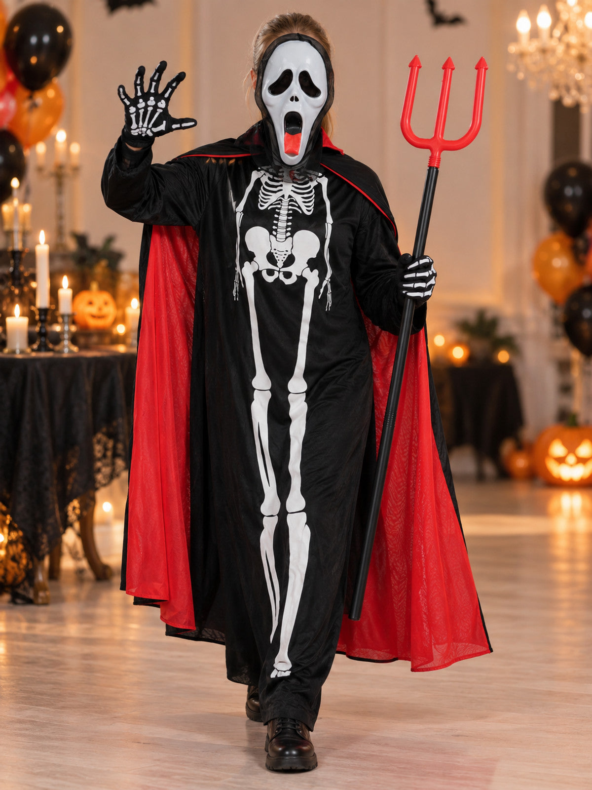 Skeleton costume with mask, cape, and trident lifestyle view