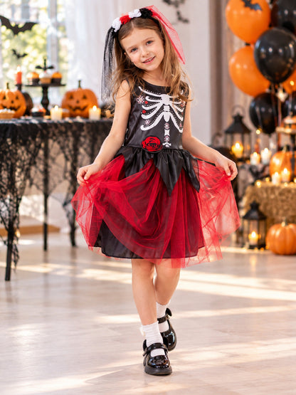 Carnival costume with mesh skirt, skeleton print, rose
