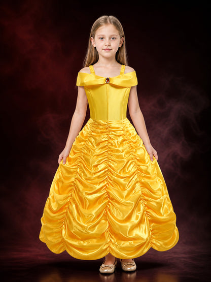 Kids Belle Princess Costume Dress, Yellow Bow-Decorated Long Ball Gown Halloween main product view