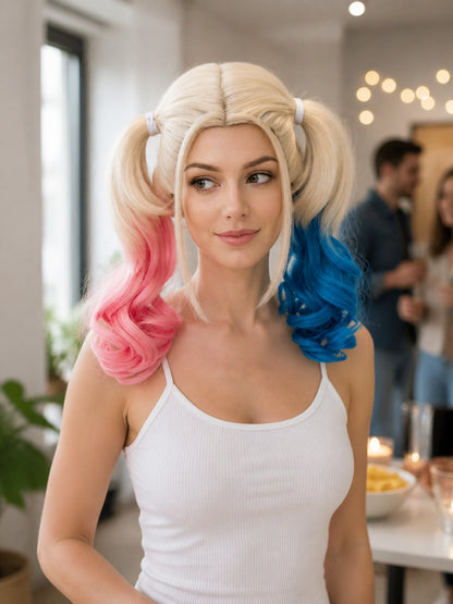 Long Carnival Wig with Pink and Blue Ponytails lifestyle view