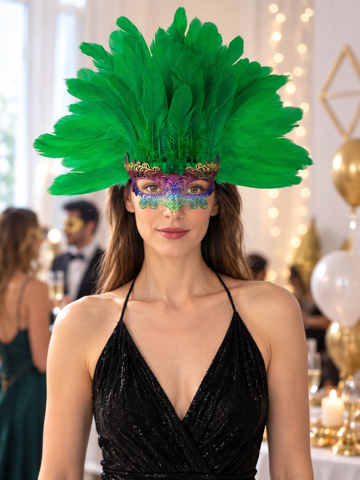 Carnival feather headpiece with mask, green