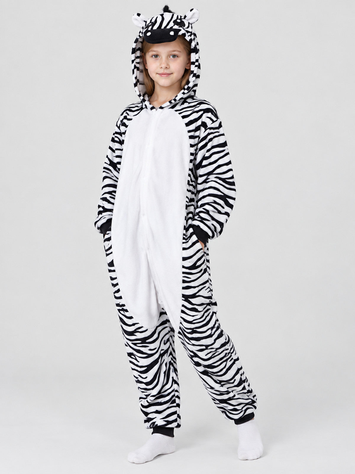 Zebra-Print Hooded Pajama Jumpsuit