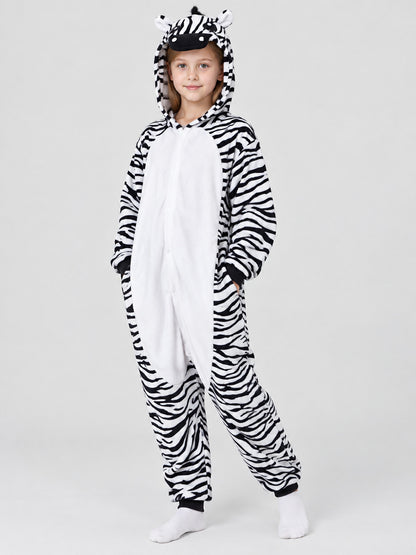 Zebra-Print Hooded Pajama Jumpsuit