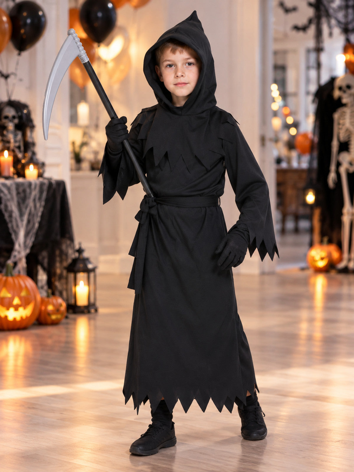 Grim Reaper Cosplay Costume with Hood and Scythe