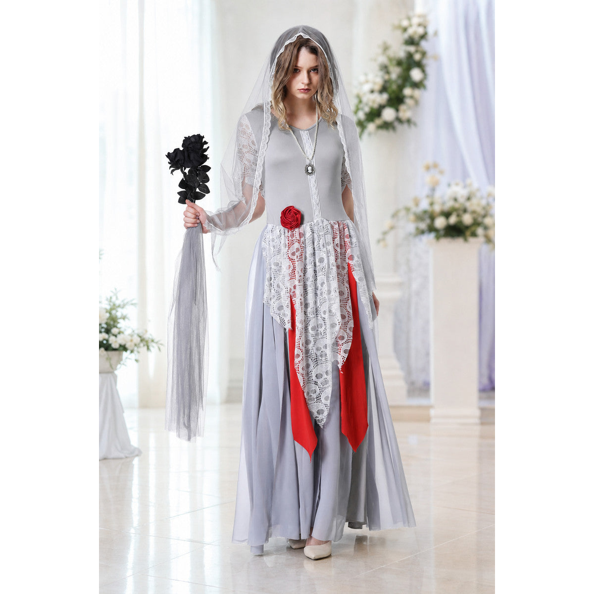 Gothic vampire costume with veil and lace dress lifestyle view