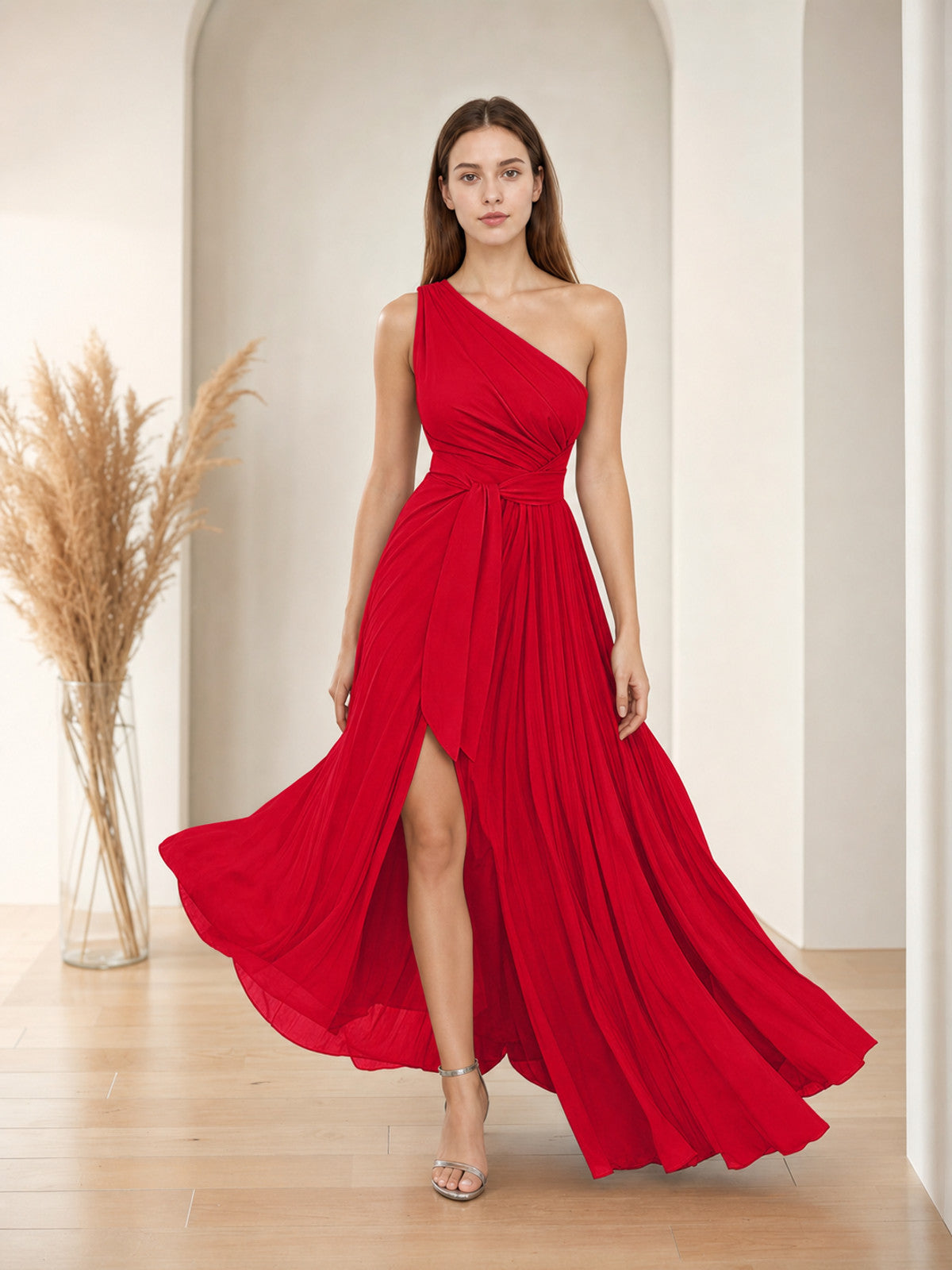 Red Asymmetrical Maxi Evening Dress with Train