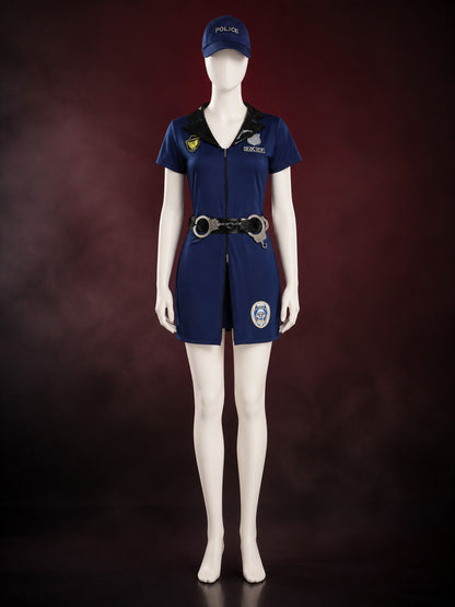 Women's Police Officer Costume Set, Short-Sleeve Jumpsuit With Hat, Belt And main product view