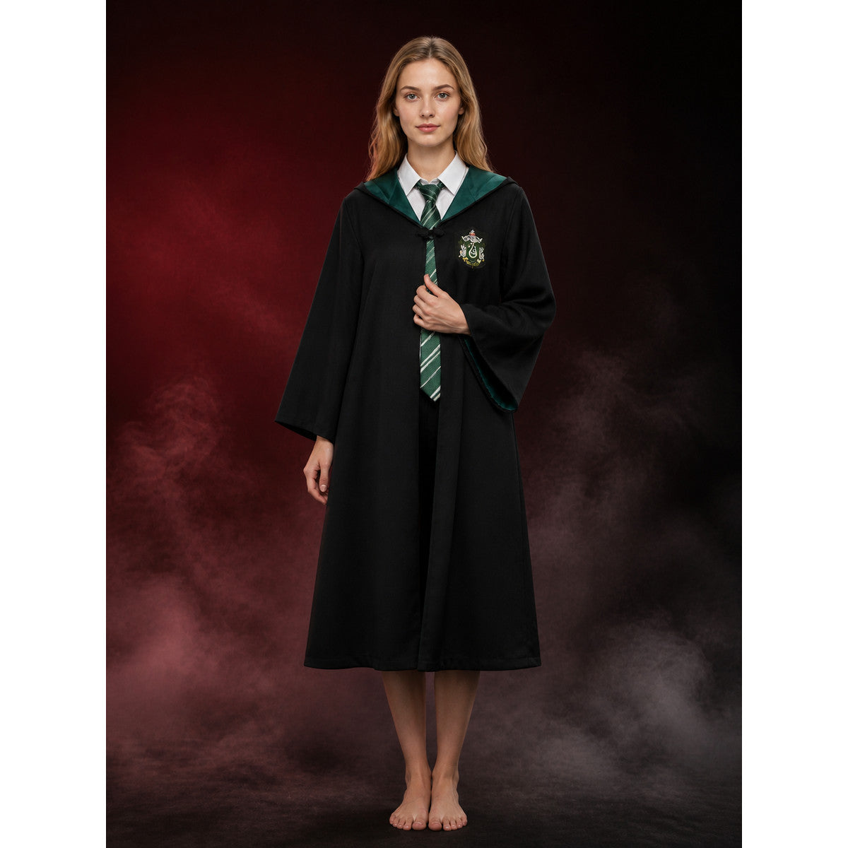 Men Women Kids Black Hooded Wizard Robe Costume Set With Dark Green & White main product view