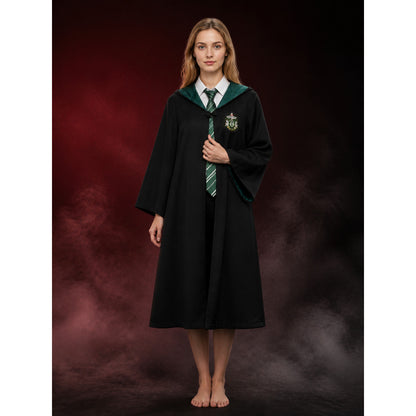 Men Women Kids Black Hooded Wizard Robe Costume Set With Dark Green & White main product view