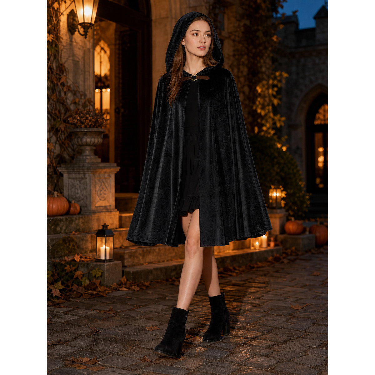 Medieval Warrior Halloween Hooded Cape Costume, 1-Piece Long Black Cloak With Brown Neck Buckle For Cosplay Performance