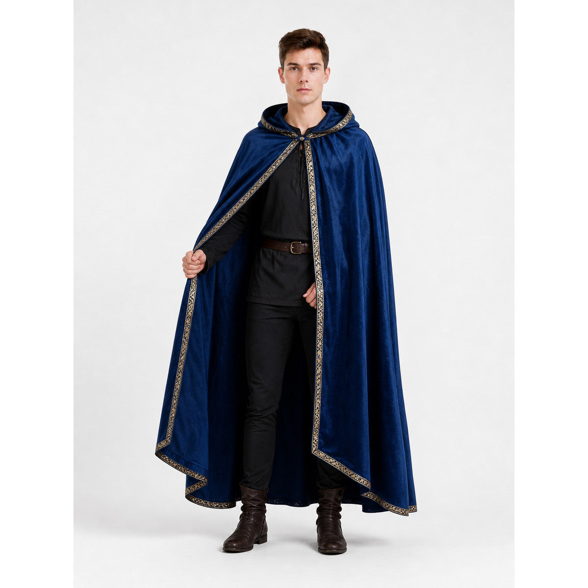 Blue hooded cape with gold trim, shown open on a man to reveal a dark outfit underneath