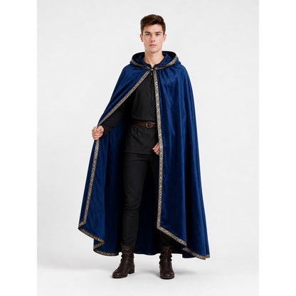 Blue hooded cape with gold trim, shown open on a man to reveal a dark outfit underneath