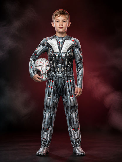 White and Red Robot Armor Jumpsuit Costume Set With Full-Face Mechanical Mask