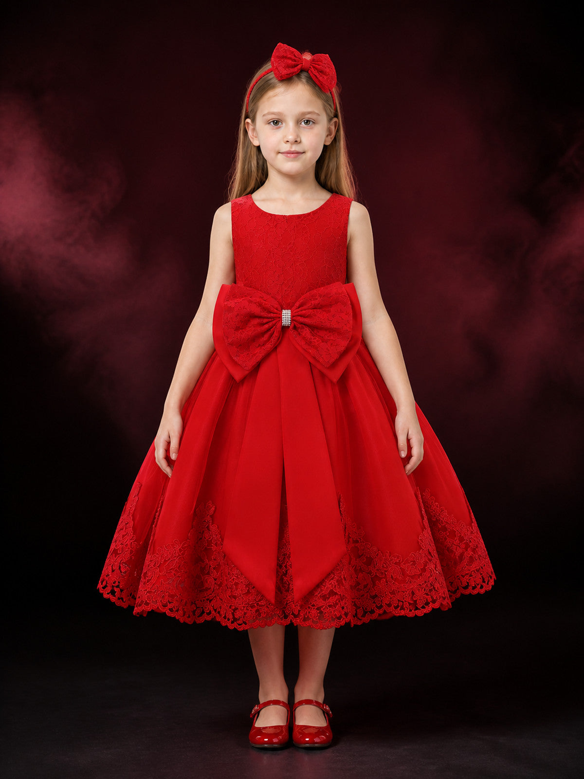 Girls' Red Lace Princess Dress with Oversized Bow and Headpiece, Sleeveless Mesh main product view