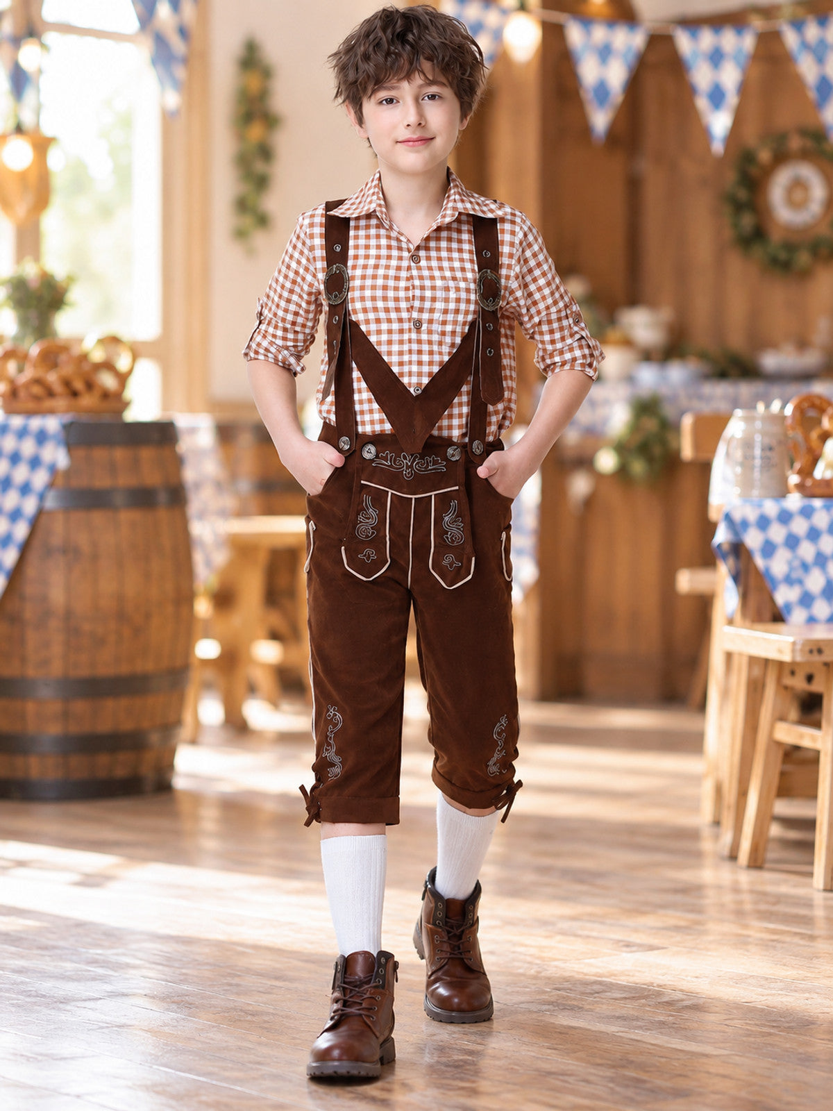 Children's costume in German folk style, trousers with suspenders