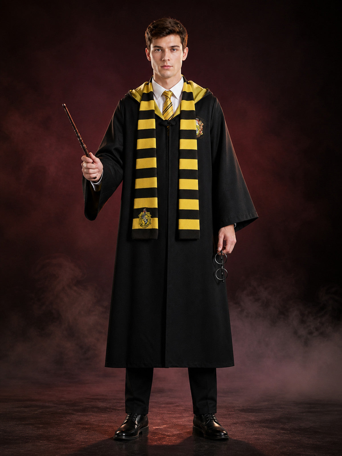 Black Long Hooded Wizard Robe Costume Set with Black and Yellow Striped Scarf main product view
