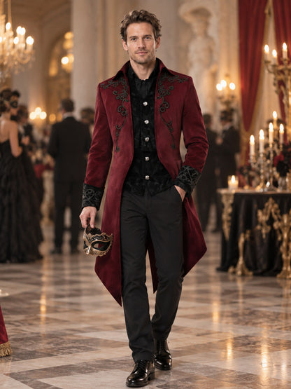 Burgundy Suede Tailcoat with Black Embroidery