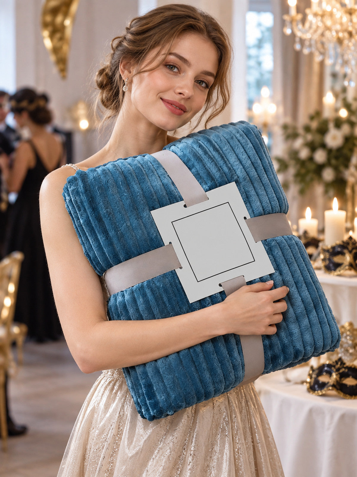 Blue Polyester and Flannel Blanket with Textured Pattern