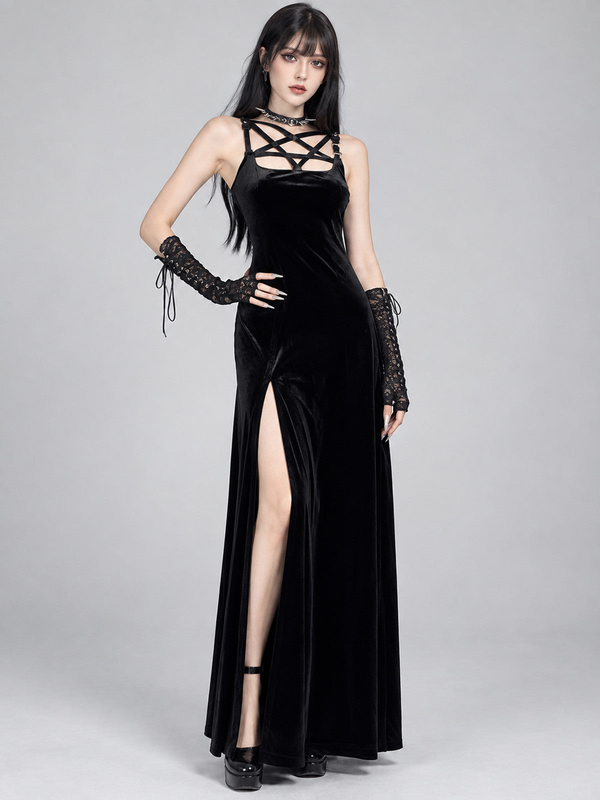 Black Gothic-Style Maxi Dress with Slit