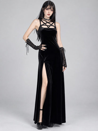 Black Gothic-Style Maxi Dress with Slit