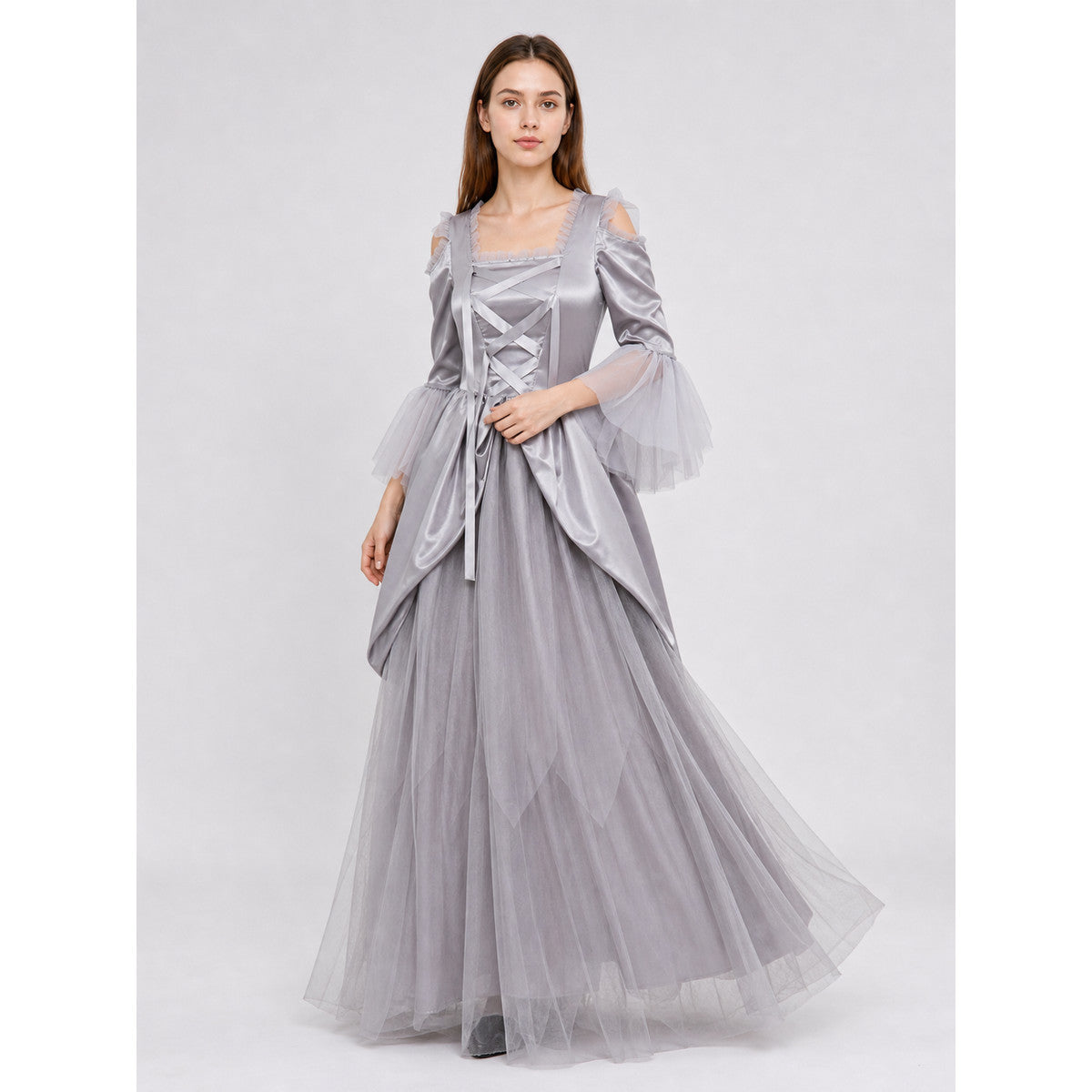 Gray Cloak Dress with Sleeves and Crisscross Lacing lifestyle