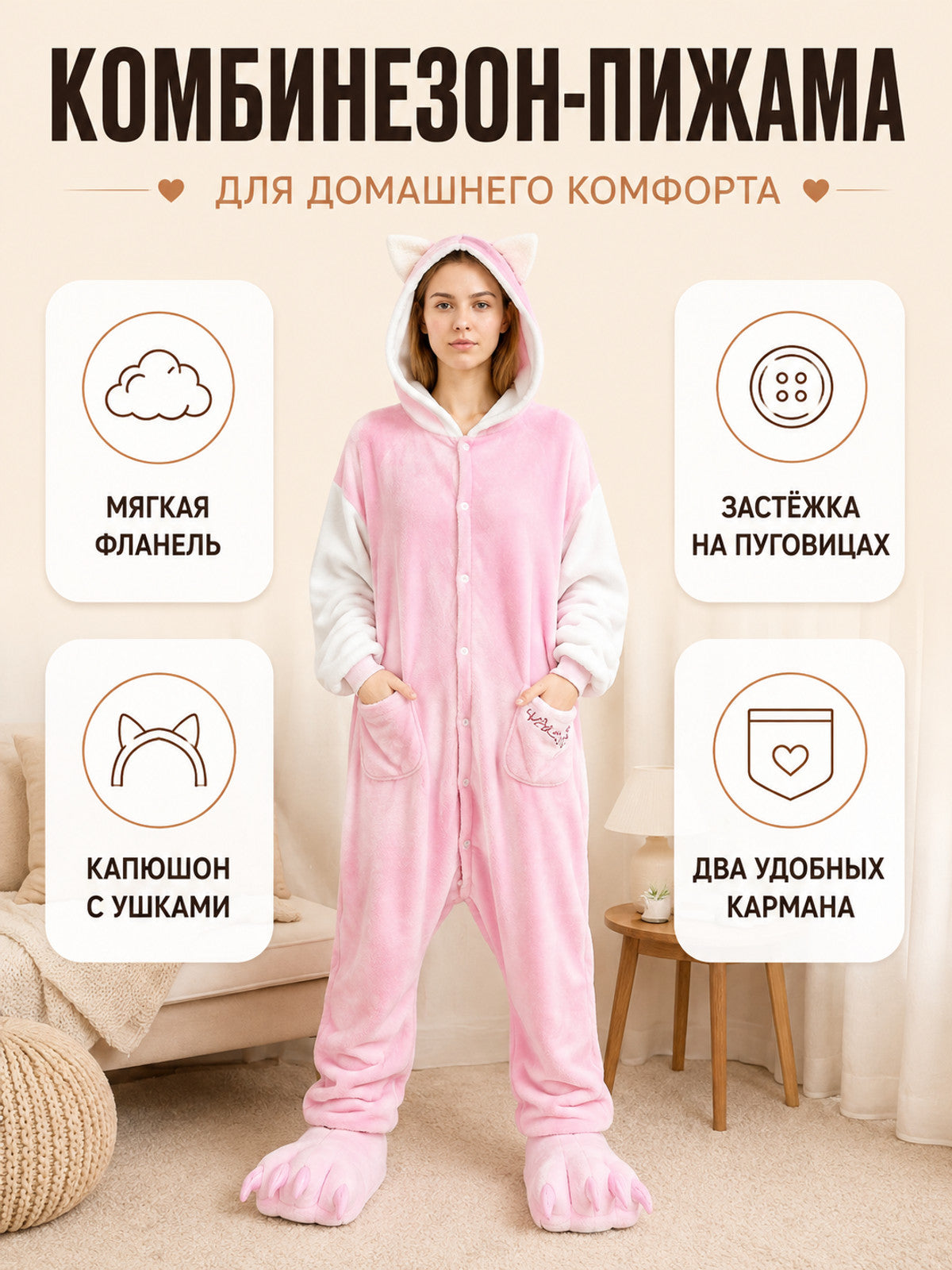 Pink Hooded Pajama Jumpsuit with Ears lifestyle view
