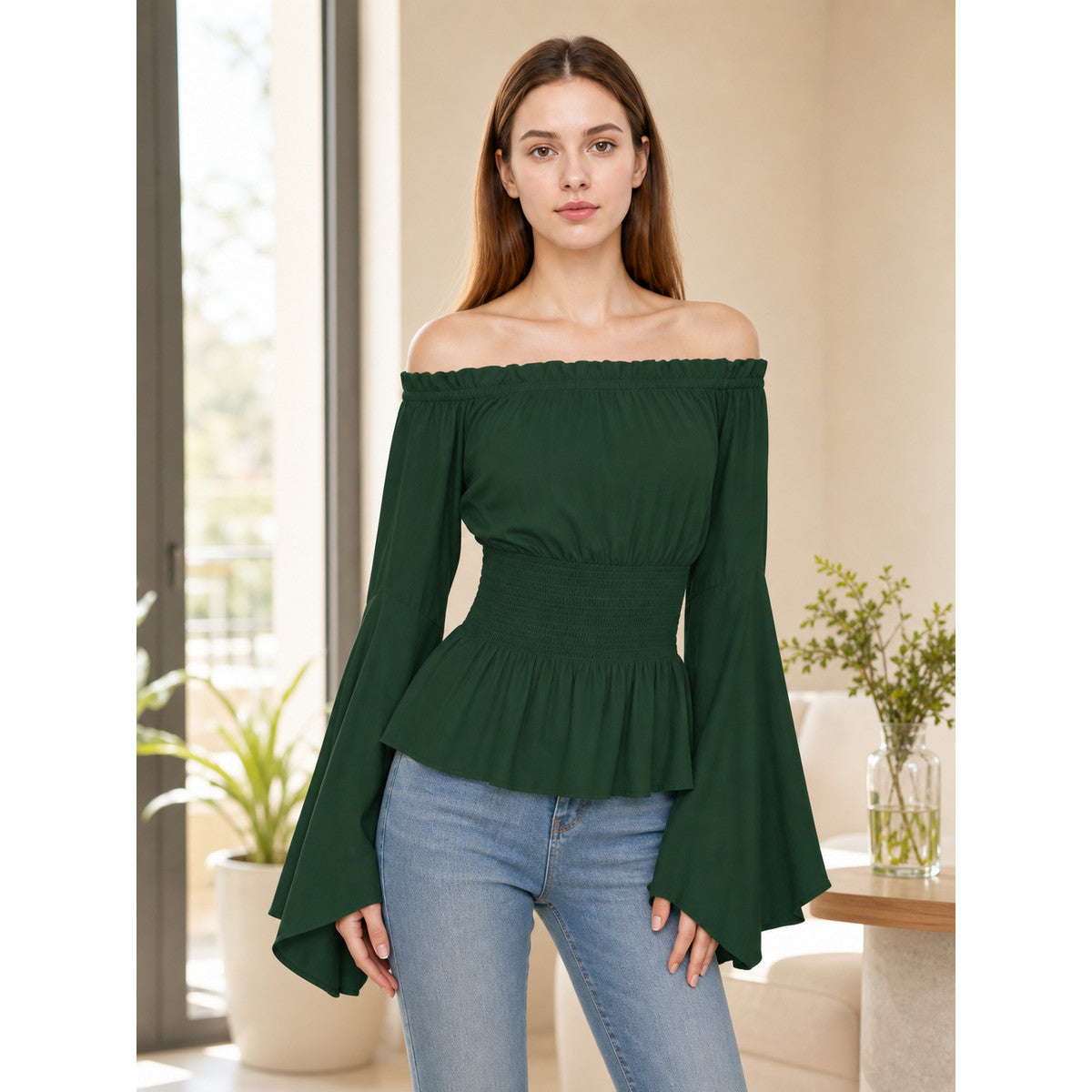 Dark Green Off-Shoulder Peplum Blouse lifestyle view