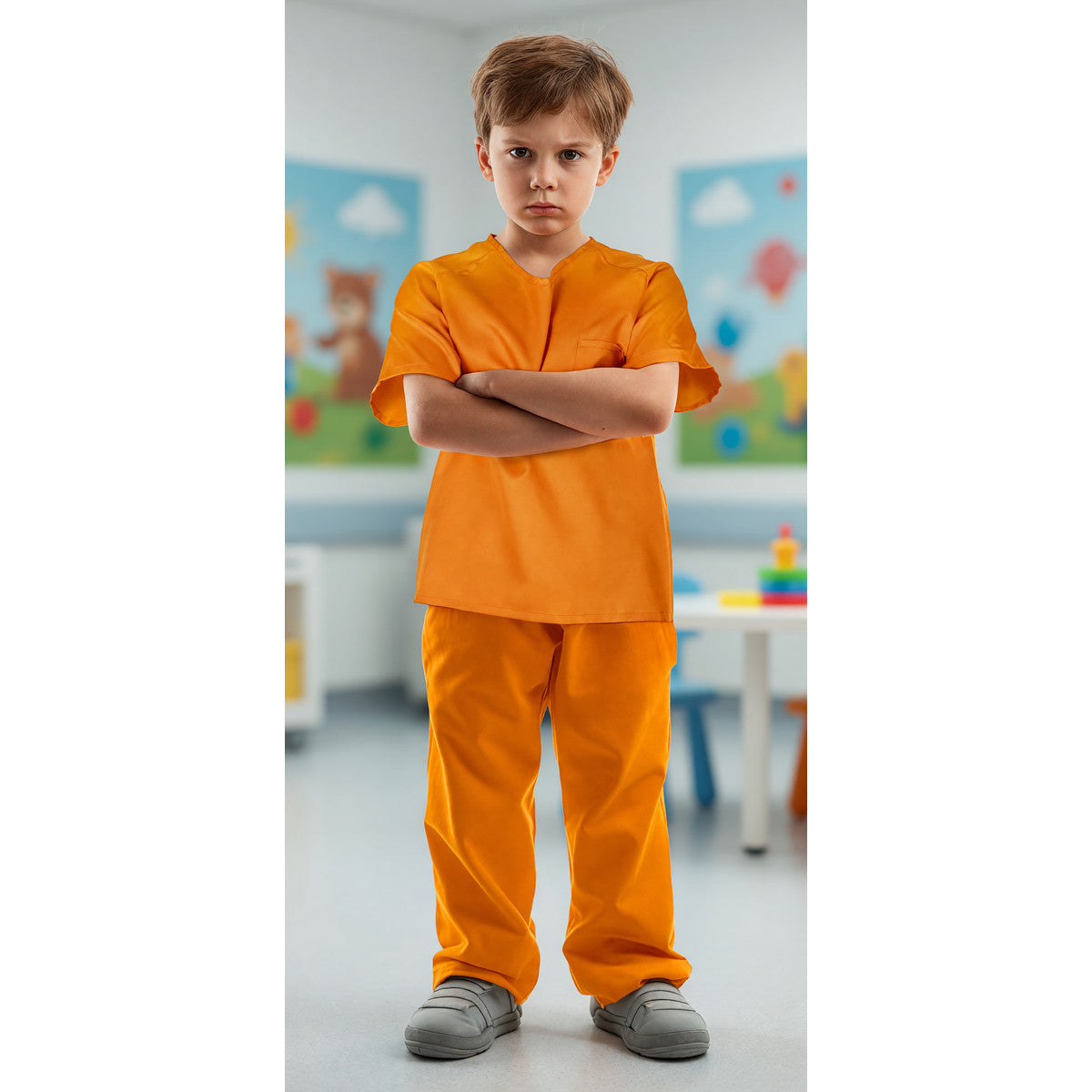 Full-body child model in an orange short-sleeve shirt and matching pants, standing with folded arms in a classroom