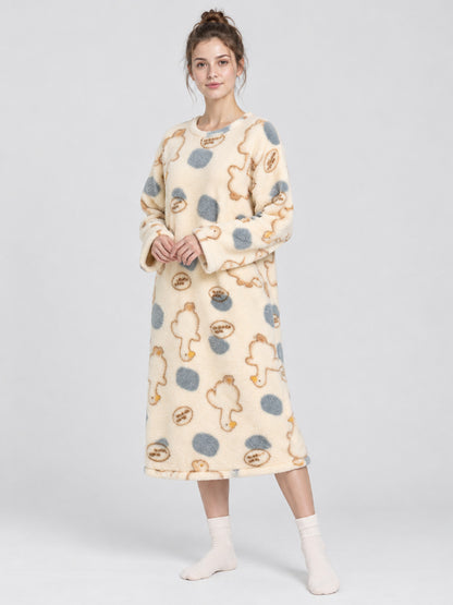 Long Loose Nightgown Cream Beige with Print