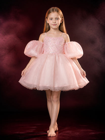 Baby Girls' Pink Princess Dress With Puff Sleeves, Sequin Floral Bodice and main product view