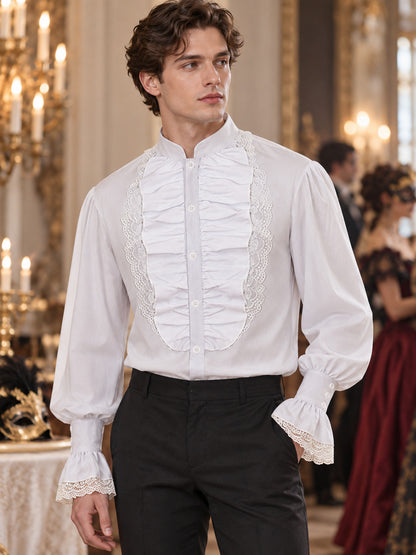 White shirt with ruffles, lace, and a stand collar