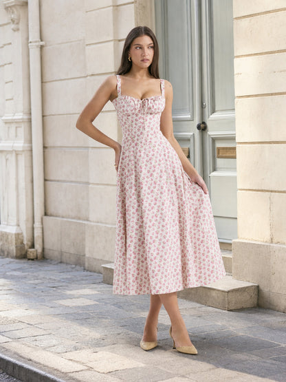Women's Floral Print Midi Dress with Straps